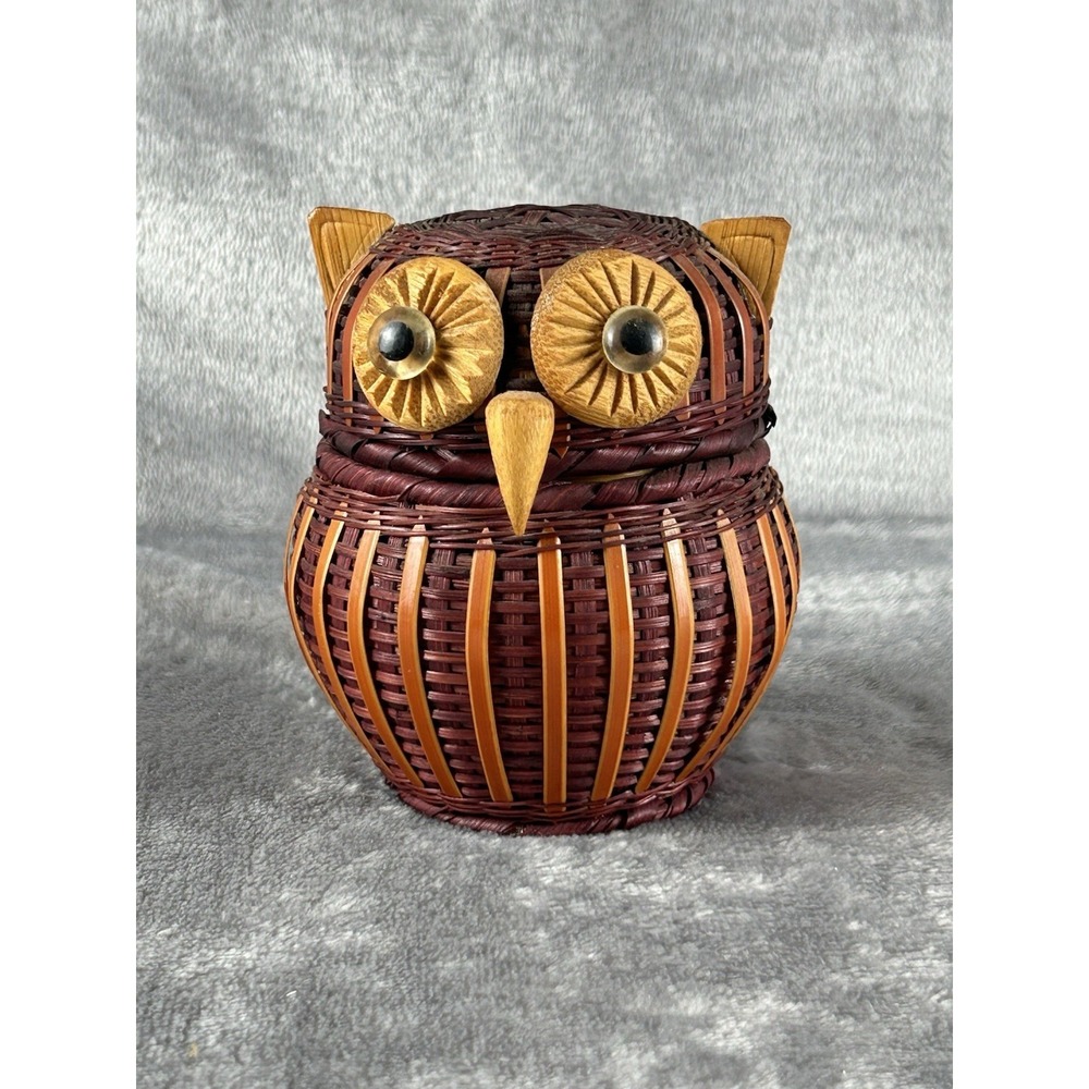 Vintage Owl bird Wicker Rattan Lidded woven figural Basket Box 4" Retro